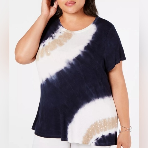 INC International Concepts Tops - International Concepts INC Blue & Beige Sequin Tie Dye T-shirt 2X